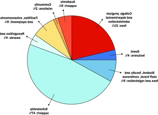 基金会费用细目, 奖学金支持47%, 大学, 项目和部门管理费21%, 学生, 教职工旅行, 会议费用和注册费9%, 设施, 改进和设备占9%, 学术支持5%, 客座讲师占4%, 认可和奖励4%, 社区关系2%